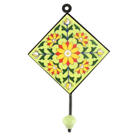 Yellow Sunflower Ceramic Tile Wall Hook in Pea Green Base